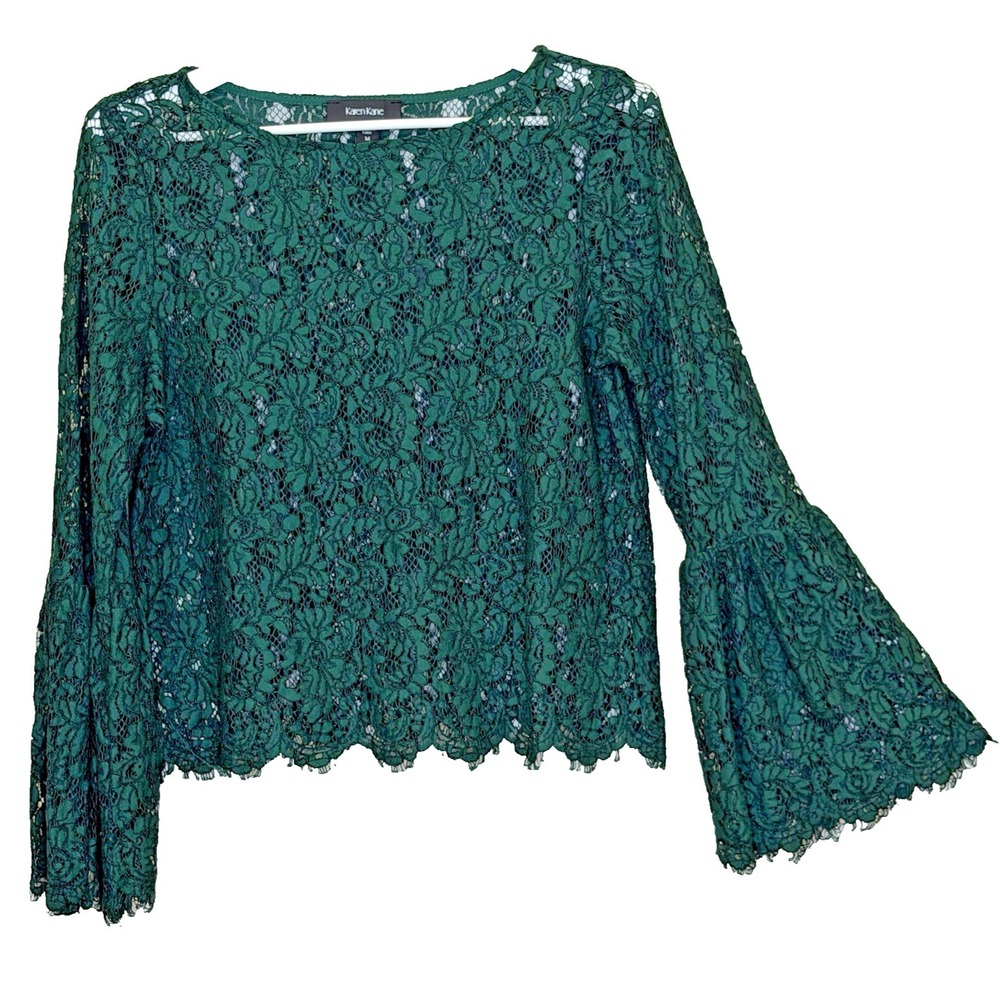 Karen Kane Lace Top Womens Size Medium Dark Green Long Bell‎ Sleeve Whimsygoth